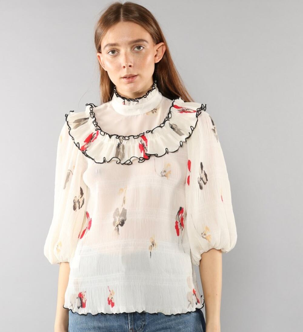 Ganni Pleated Ruffled Cream Floral Lowell Blouse Shirt Size 36 US 4